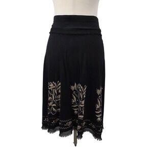 Ann Taylor LOFT Petite Small Black Skirt Floral Border Print Frayed Hem Side Tie